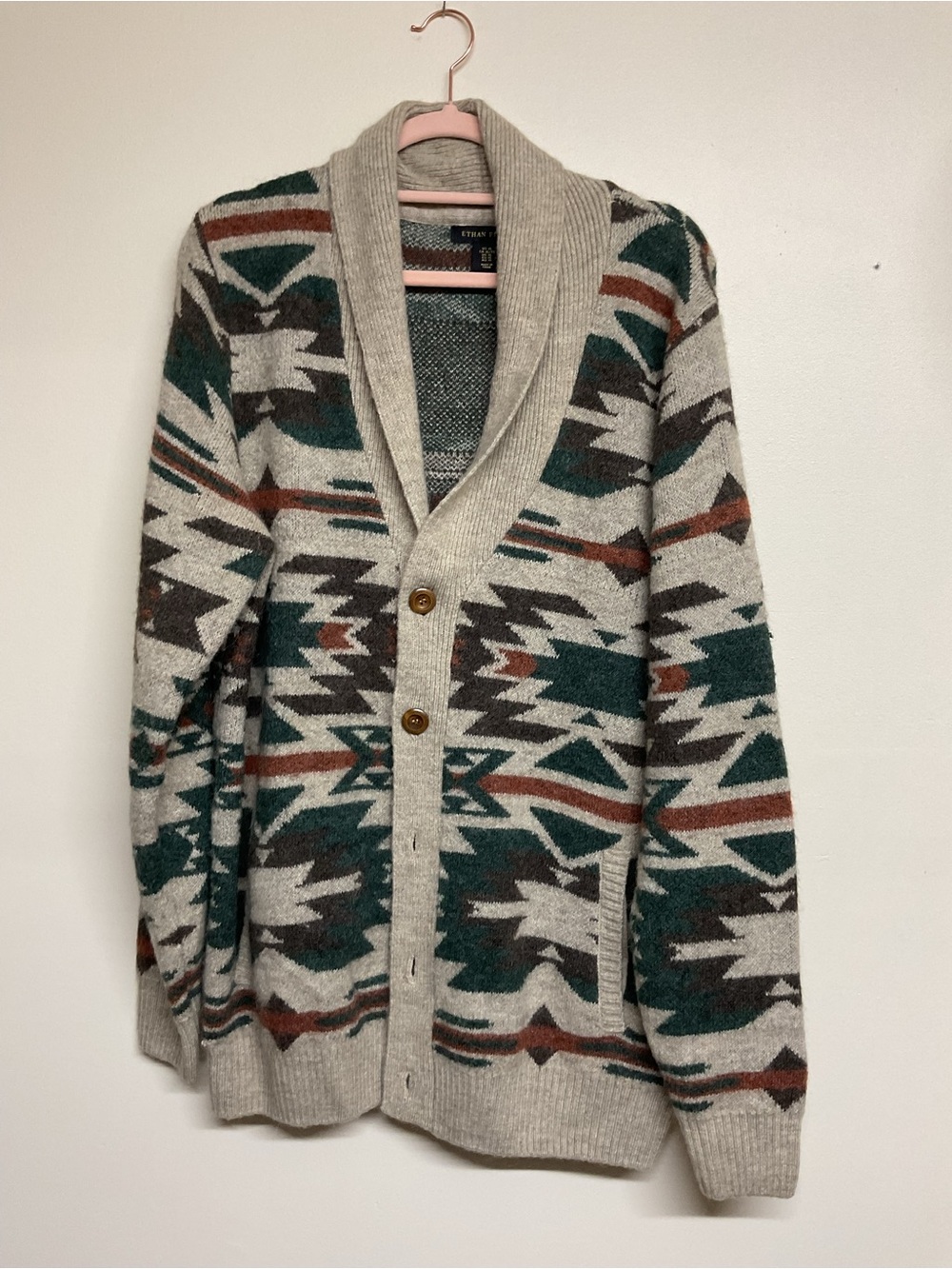 Shawl-Collar Aztec Cardigan Sweater - Beige with Green & Brown Pattern